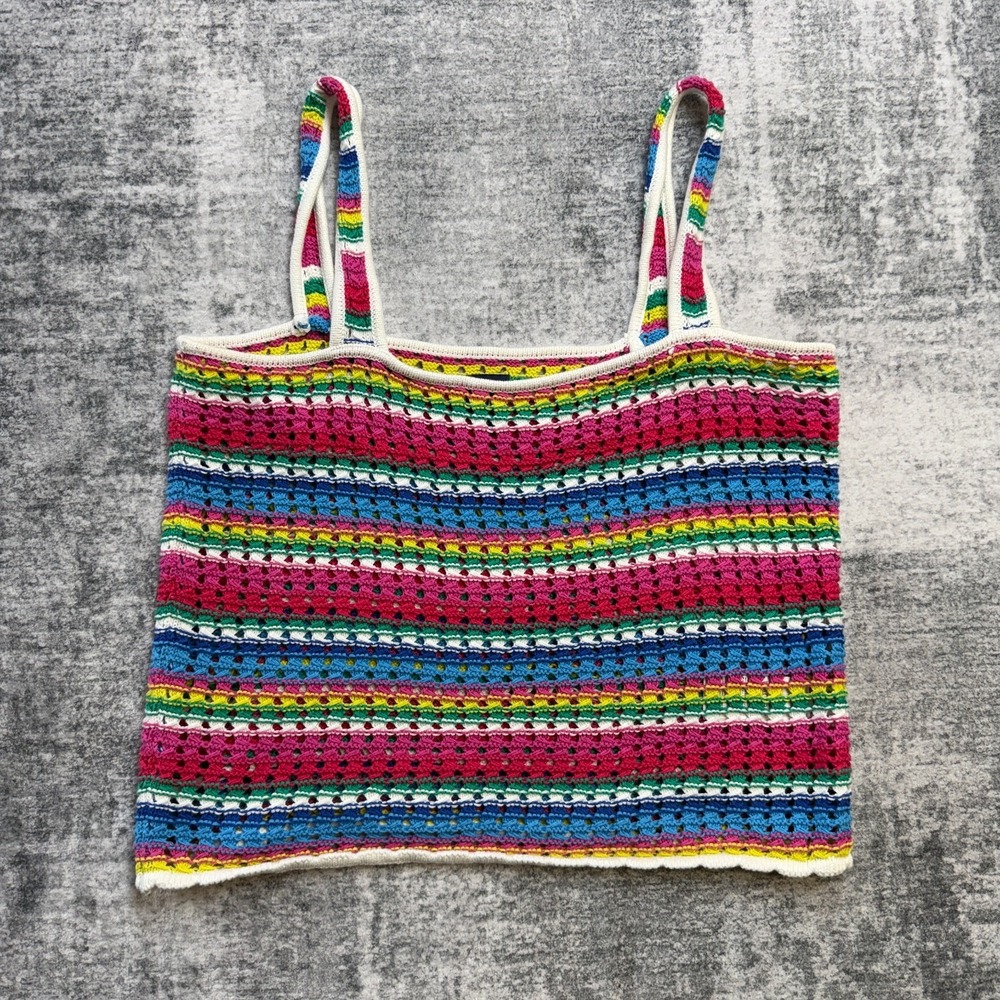 GAP Tank Top Womens Large Rainbow Crochet Knit Square Neck Festival Pride Hippie